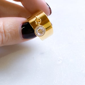 Wide flat band ring with zircon diamond charm, Statement engagement ring, Gold adjustable ring, Gold plated ring for women, Winter Jewelry image 9