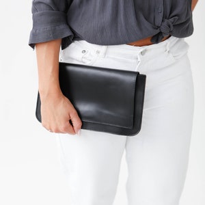 ARION Black, Leather Clutch Bag, Bridesmaids Gift, Crossbody Envelope Handbag, Womens Evening Pouch, Black Leather Purse