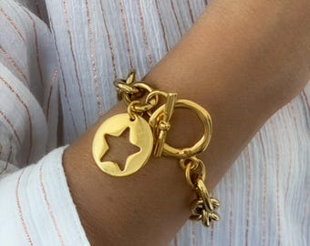 Y2k Rock Style Bracelet, Chunky Gold Coin bracelet with star, Thick toggle chain bracelet Retro style, Birthday Gift for Her, ROYA