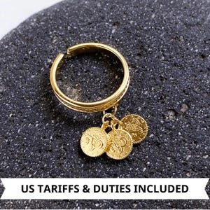 Statement tiny coins ring, Thin band ring with coin pendants, Dainty boho chic ring, Gold adjustable ring, 24K Gold plated ring for women