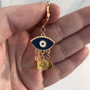 Gold evil eye earrings, Bohemian Coin Earrings, Cute dangle resin Earrings, Evil eye jewelry, Bridesmaid gift Blue