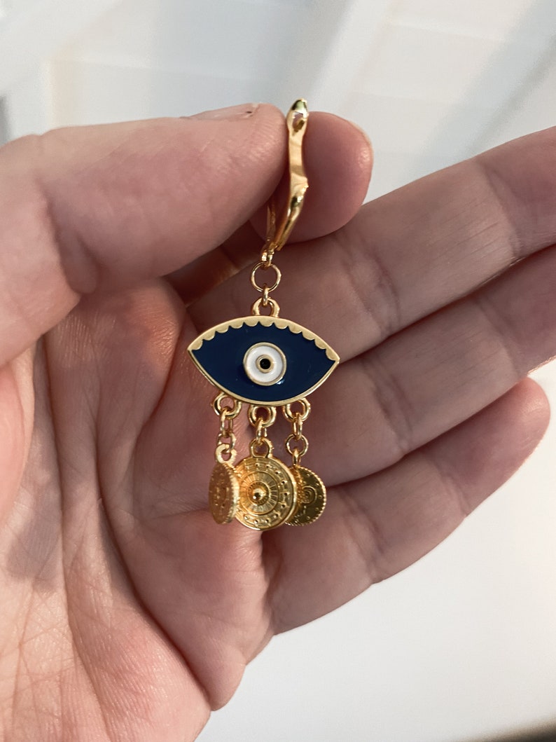 Gold evil eye earrings, Bohemian Coin Earrings, Cute dangle resin Earrings, Evil eye jewelry, Bridesmaid gift Blue