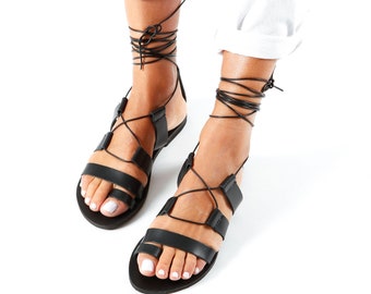 Black Greek leather Sandals, Lace Up Gladiator Sandals, Leather Roman sandals, Flat Summer Sandals, Griechische Sandalen, NEFELI