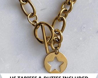 Chunky Gold Star Coin bracelet,Oversized  Thick chain bracelet Vintage style, Y2k Glam Rock Style Bracelet, , Anniversary Gift for Her, ROYA