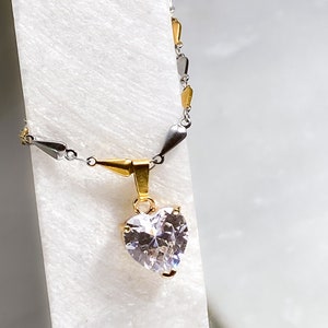 Statement heart necklace, Gold silver chain necklace with Zircon crystal heart, Thick crystal Heart charm pendant necklace, Anniversary gift