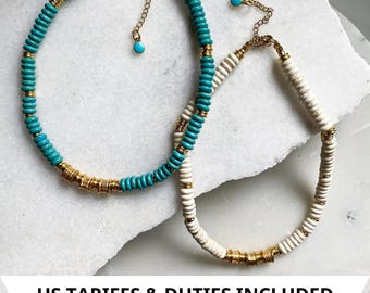 Turquoise Gemstones Heishi choker, Blue beaded Necklace, Birthday Gift for Her, Summer boho chic necklace, Beach Festival Jewelry, KLÉLIA