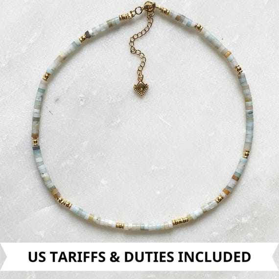 Dainty Aquamarine necklace,  Beaded Birthstone Necklace, Bijoux Ethniques, Natural stone Necklace, Collier pierre femme