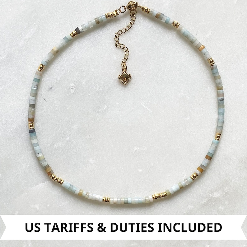 Dainty Aquamarine necklace, Beaded Birthstone Necklace, Bijoux Ethniques, Natural stone Necklace, Collier pierre femme image 1