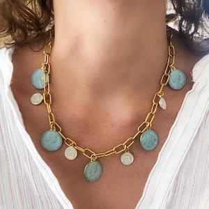 Vintage Style Charm Choker, Antique Gold Coin Necklace, Chunky Coin Pendant Medallion, Statement Paperclip Chain, Gift for her, MALKA