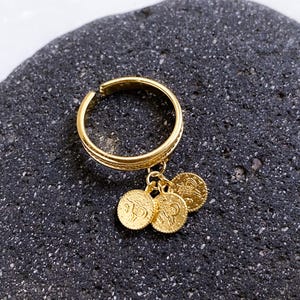 Statement tiny coins ring, Thin band ring with coin pendants, Dainty boho chic ring, Gold adjustable ring, 24K Gold plated ring for women