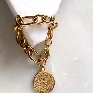 Phaestos disc Chunky Gold Coin bracelet, Ancient Greek Coin bracelet, Bold Oversized chain bracelet Glam Rock style, Gift for Her,HASTI