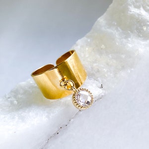 Wide flat band ring with zircon diamond charm, Statement engagement ring, Gold adjustable ring, Gold plated ring for women, Winter Jewelry image 5