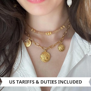 Gold Coin Necklace Statement Thick Necklace Paperclip Chain Chunky Gold Necklace Coin Pendant Medaillon Vintage Style Gift for her