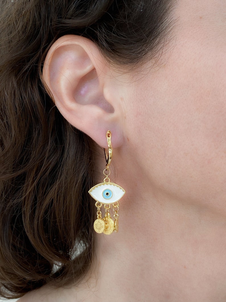 Gold evil eye earrings, Bohemian Coin Earrings, Cute dangle resin Earrings, Evil eye jewelry, Bridesmaid gift image 1