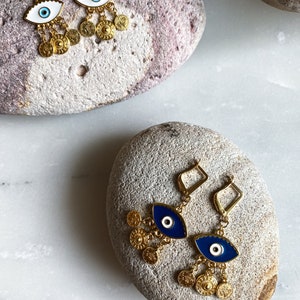 Gold evil eye earrings, Bohemian Coin Earrings, Cute dangle resin Earrings, Evil eye jewelry, Bridesmaid gift image 3