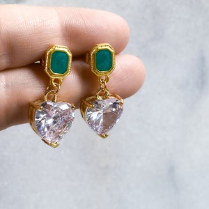 Zircon Heart Earrings, Stud and drop heart Earrings, Statement retro heart earrings, Dangle earrings vintage style, Saint Valentine Gift image 3