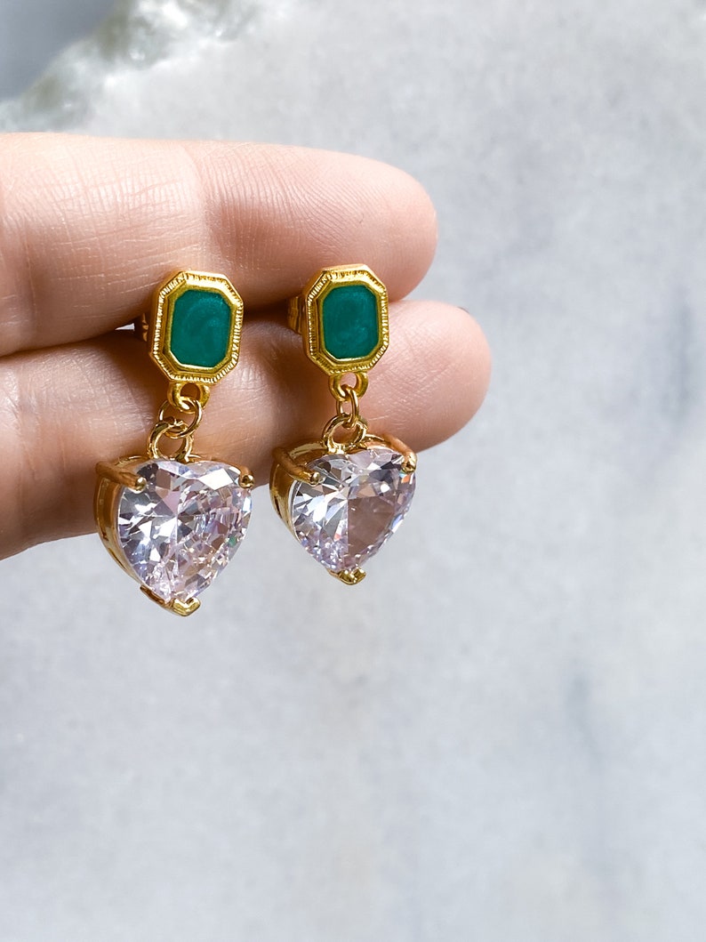 Zircon Heart Earrings, Stud and drop heart Earrings, Statement retro heart earrings, Dangle earrings vintage style, Saint Valentine Gift image 3