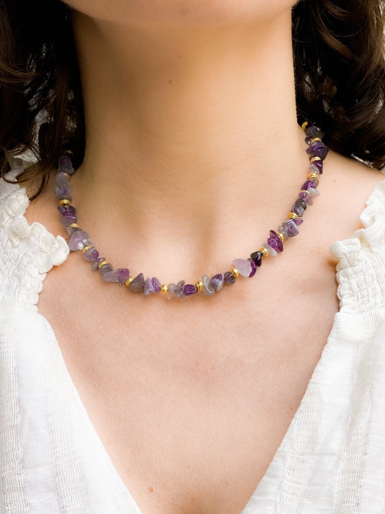 Mum Gift Amethyst necklace Crystal Chip Choker Statement Boho Necklace Collier Pierre femme February Birthstone chocker Gift for her image 1