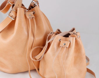Leather Bucket Bag Womens handmade Shoulder Handbag Genuine Leather Golden Pouch Bag ORPHEO
