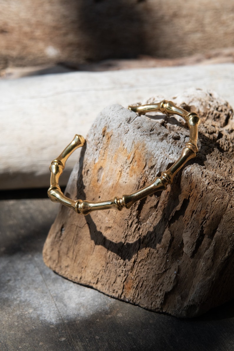 Bamboo pattern Bracelet, Minimalist Gold plated bangle bracelet, Boho chic bracelet femme, Adjustable stackable bracelets image 8