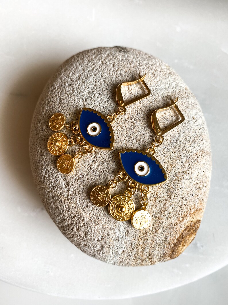 Gold evil eye earrings, Bohemian Coin Earrings, Cute dangle resin Earrings, Evil eye jewelry, Bridesmaid gift image 5