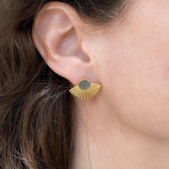 Ethnic stud earrings Cute Earrings with Grey resin, Ancient Greek earrings, Gold Tribal earrings, Titanium pin earrings