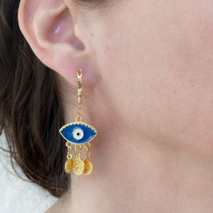 Gold evil eye earrings, Bohemian Coin Earrings, Cute dangle resin Earrings, Evil eye jewelry, Bridesmaid gift image 6