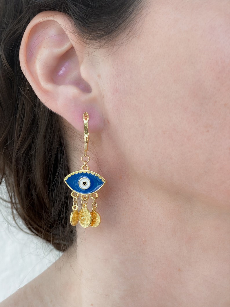 Gold evil eye earrings, Bohemian Coin Earrings, Cute dangle resin Earrings, Evil eye jewelry, Bridesmaid gift image 6