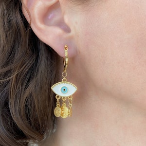 Gold evil eye earrings, Bohemian Coin Earrings, Cute dangle resin Earrings, Evil eye jewelry, Bridesmaid gift image 7