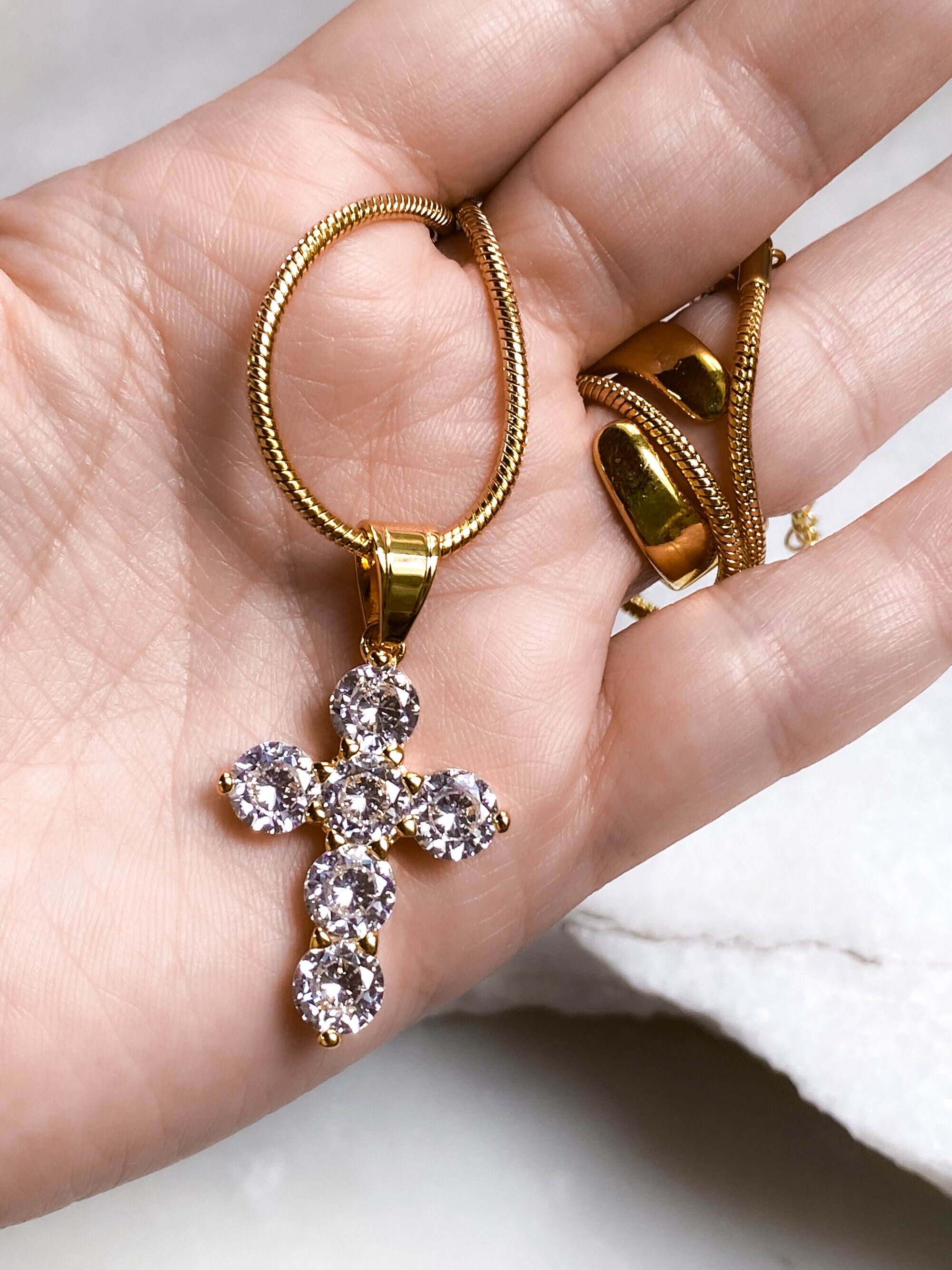 Big Cross Pendant Necklace, Dainty Gold Snake Chain, Zircon
