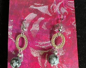 Silver and Snowflake Obsidian Earrings