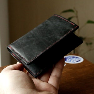 Cartera de cuero de lujo, Cartera delgada, Cartera mínima, Regalo, Personalización gratuita, EDC, Maya Nero, Cartera Negra, Hilo Rojo