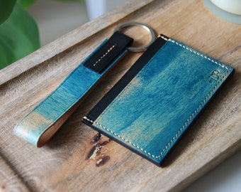 Luxury Leather Cardholder And Keychain Apallossa & Antique Blue Black handmade elegant gift