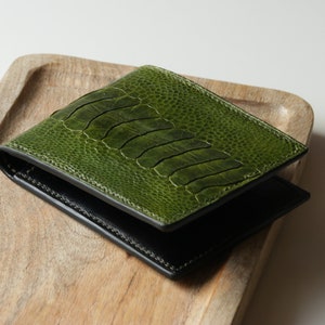 Luxus Exotisches Bifold Wallet, Handgefertigtes Leder Portemonnaie, Geschenk für Männer, Straußen Bein & Vollnarbenleder