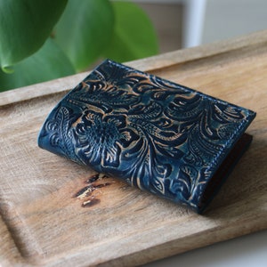 Cartera de Lujo en Piel Tema Flores Monedero Mujer Piel Azul y Coñac