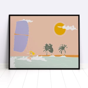 Kitesurf Girl Poster, Kitesurfing, Surfers Prints, Surfing Poster, Wall Art Ocean, Pastell Farben Surfer, Print on Demand Poster, Kiteboard