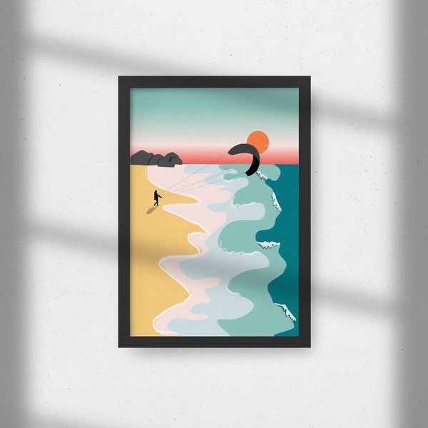 Beach Print/ Kitesurfer Abstract Print/ Modern Poster/Beach Illustration with Kitesurfer/ Seaside Poster/ Summer Seashore/Extreme Sports Art