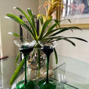 Late 20th Century Vintage Green Molted Glass Stemmed Candle Holders - Set of 2