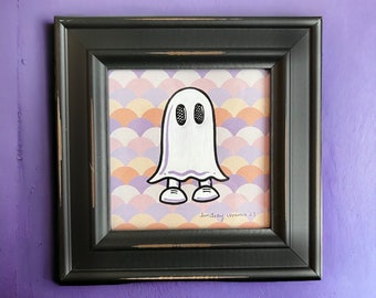 Cute Ghost Painting, Framed Halloween Art, Pastel Decor