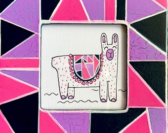 Hand Drawn Llama Illustration in a Hand Painted Crackle Frame
