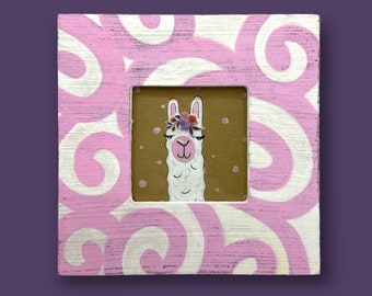 Mixed Media Llama Illustration in a Hand Painted Frame