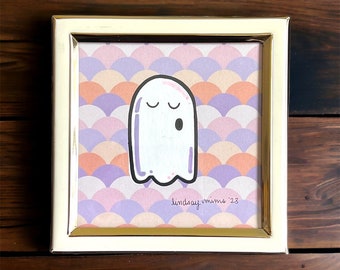 Cute Ghost Painting, Framed Halloween Art (4x4 inch)