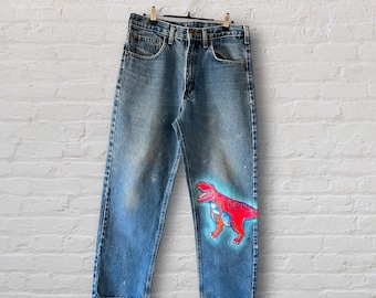Custom Painted Carhartt Jeans – Hot Pink Dinosaur, Relaxed Fit (32x30)