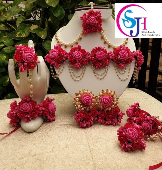 Hot Pink Flower Gota Patti Jewellry Set 