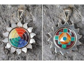 Reversible Sun Pendant Solid 950 Silver Inlaid Stones, Shells Chakana Pachamama