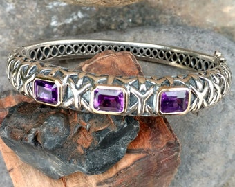 Sterling Amethyst Bracelet, Vintage Bangle, Stamped SLV 925 14KT, Silver Gold  Gemstone Jewelry, February's Birthstone, Womens Birthday Gift