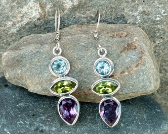Sterling Gemstone Earrings, Vintage, Stamped 925, Semi Precious Gemstones, Amethyst, Peridot, Topaz, Jewelry, Hook, Dangle For Pierced Ears