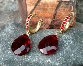 Vintage LC Earrings, Liz Claiborne, Deep Red Glass Crystal Cut Teardrop, Garnet Color, Red Rhinestones, Gold Tone, Hoop, Dangle, Dangling