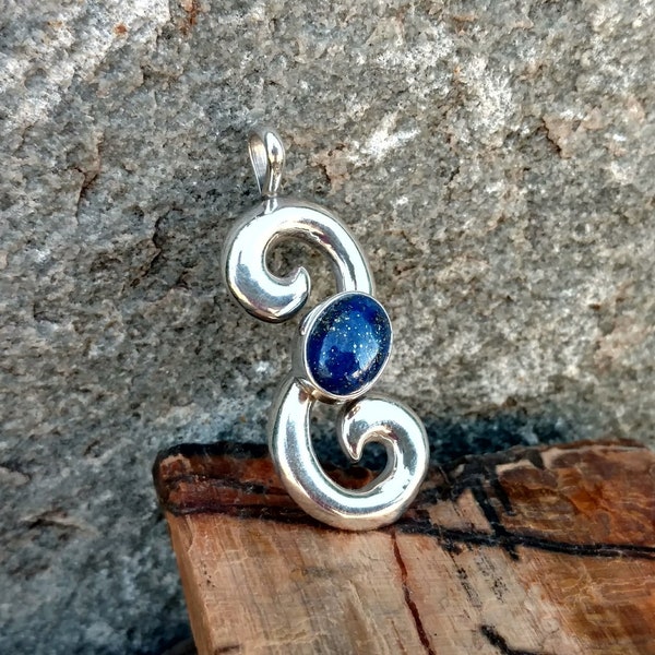 LOWELL DRAPER Sterling Lapis Pendant, Vintage, Signed Sterling LD, Navajo Artisan, Native American Silver Jewelry, Modern Scroll Spiral Blue