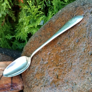 May include: A silver spoon with a rounded bowl and a long, slender handle. The spoon is resting on a rock.